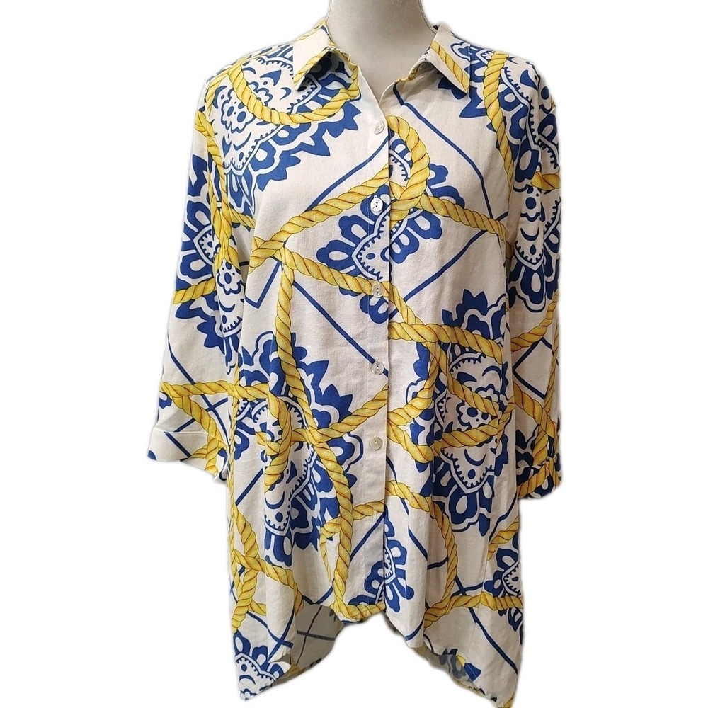 Ivy Road Women's Sz XLHigh Low Tunic Button Up Coastal Core Nautical‎ Rope Linen